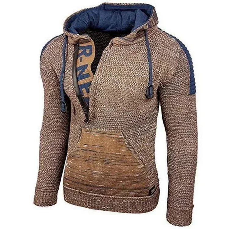Men's Colorblock Wool Hip-Hop Patchwork Letter Print Drawstring High Neck Long Sleeve Knitted Pullover Pocketed Hoodie Sweater