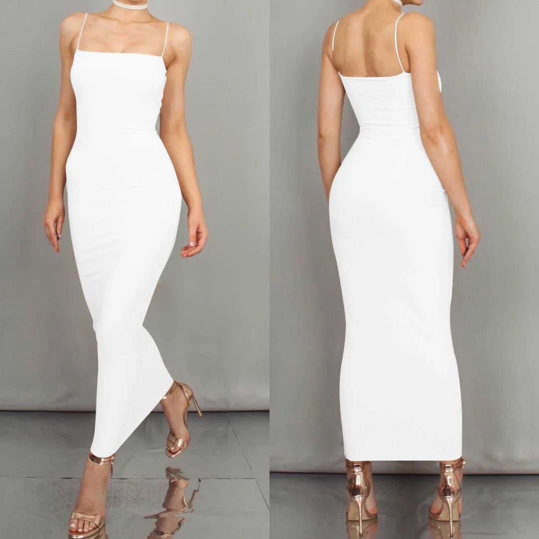 Solid Color Camisole Backless Slash Neck Spaghetti Strap Bodycon Maxi Dress