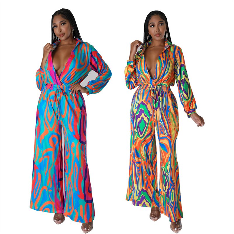 Multi-Colored Long Sleeve Printed Loose Wide Leg Jumpsuit