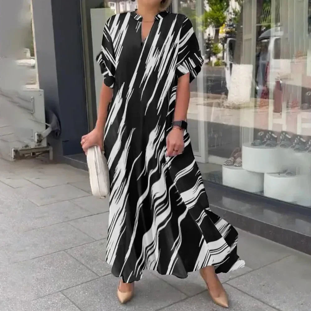 Striped/Geometric Abstract Printed Turn-Down Collar V-Neck Short Sleeve Side Split Oversized Maxi Shirt Dress