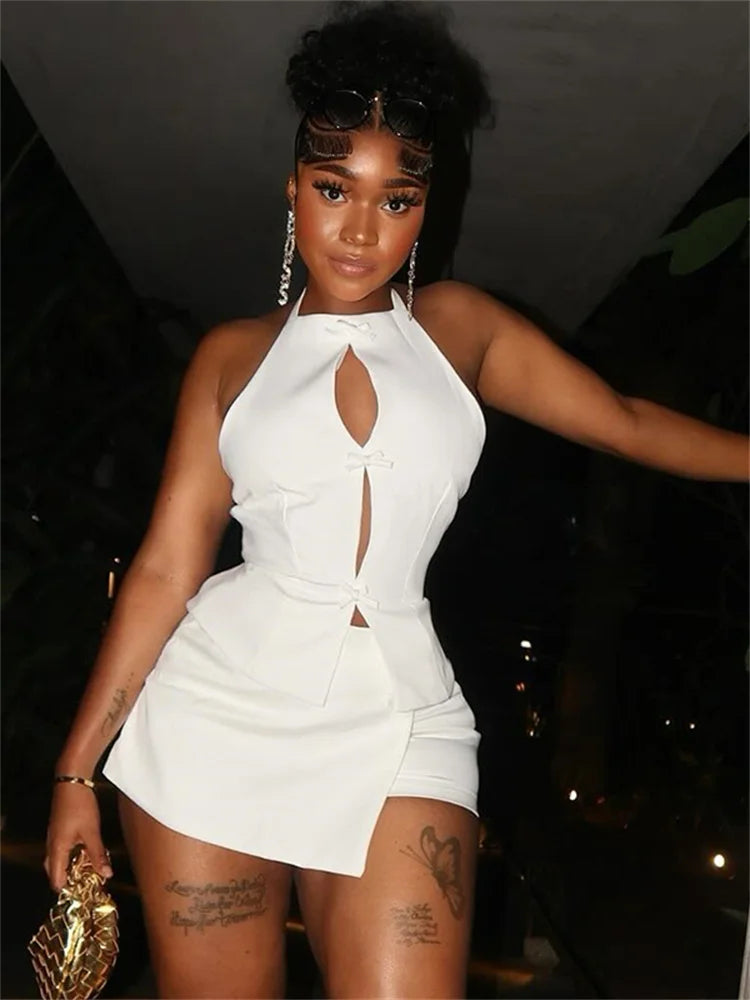 Irregular White Bowknot Design Women's Hollow-Out Backless Halter Top + Skinny Mini Skirt 2-Piece Set