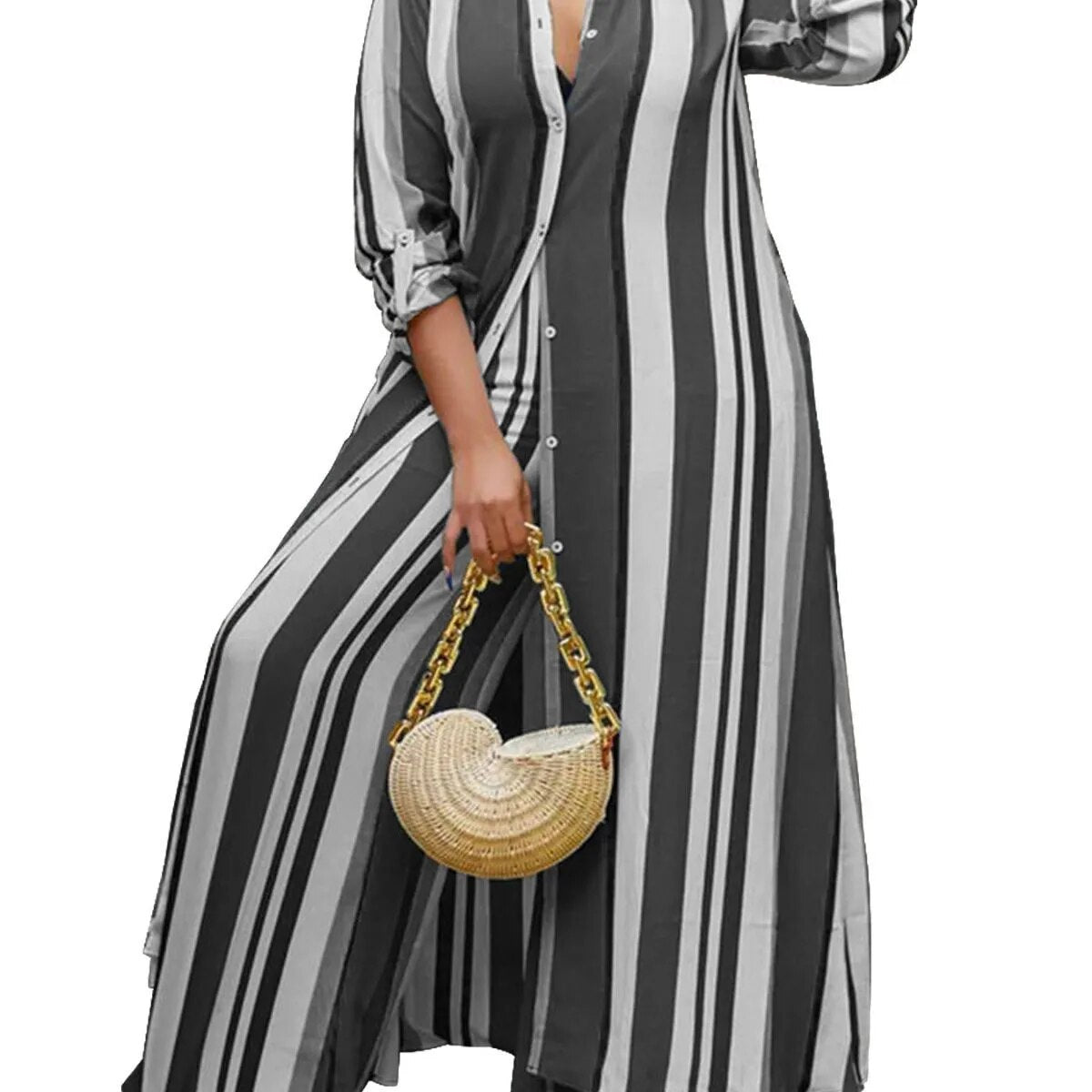 Striped Long Sleeve V-Neck Maxi Blouse + Matching Leggings 2-Piece Set to 5X