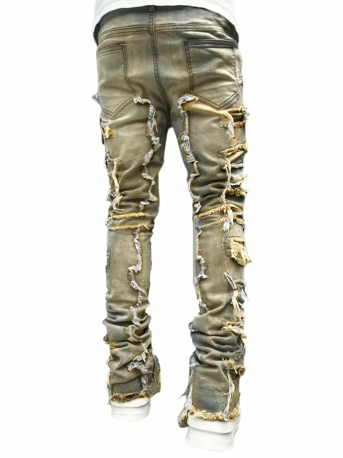 Men's Denim Fringe Ripped Hip-Hop Stretch Stacked Elastic Waist Straight Patchwork Jeans