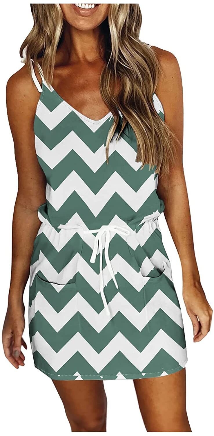 Geometric/Striped/Ombre Sleeveless V-Neck Loose Slim Sleeveless Drawstring Mini Dress to 8x Plus Size