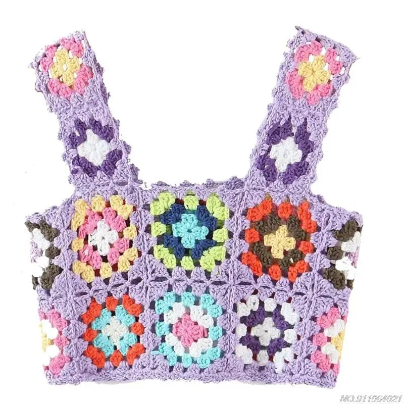 Crochet Multi-Colored Square Flower Design Knitted Square Neck Women's Sleeveless Cropped Tank Top