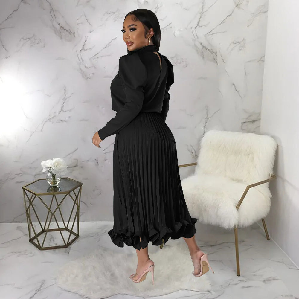 Women’s Solid Color O-Neck Lantern Sleeve Blouse + A-Line Flounce Formal Pleated Maxi Skirt w/ Sash Belt 2-Piece Set