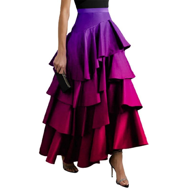 Gradient Layered Ruffle A-Line High Waist Maxi Skirt