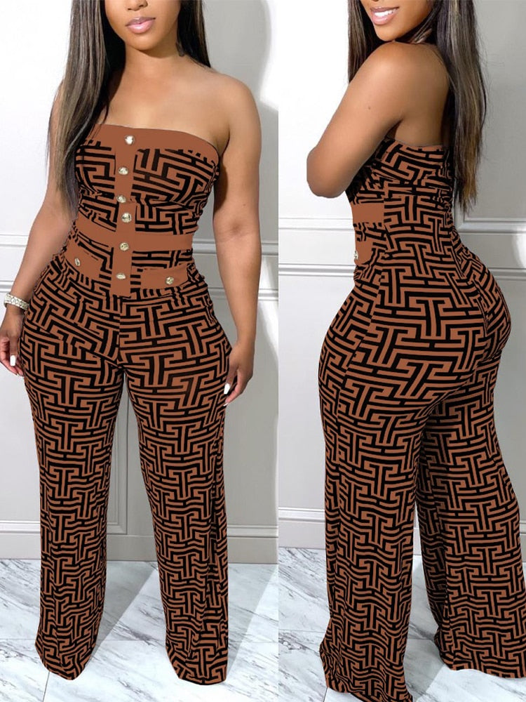 Strapless Tube Geometric Print Button Jumpsuit