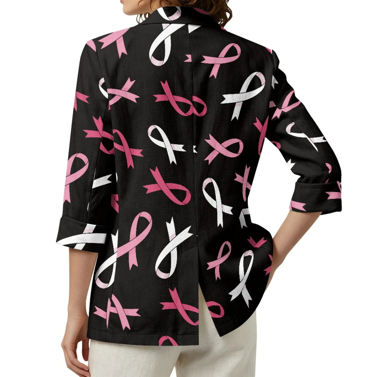 Breast Cancer Ribbon Print Linen Women's Open Front Blazer Jacket to 3X Plus Size