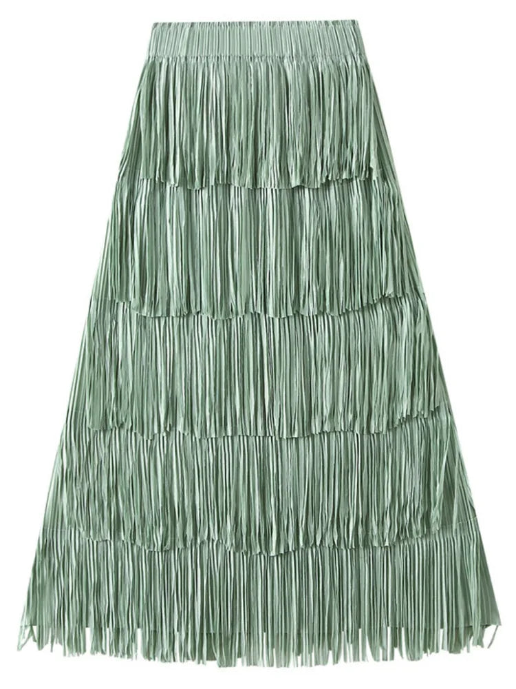 Pleated Tassel Detail High Waist Solid Color Maxi Skirt