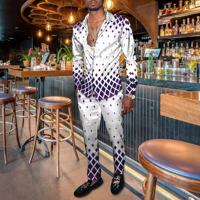 Men's Casual 3D Print Long Sleeve Dress Shirt - Pants Matching 2-Piece Sets