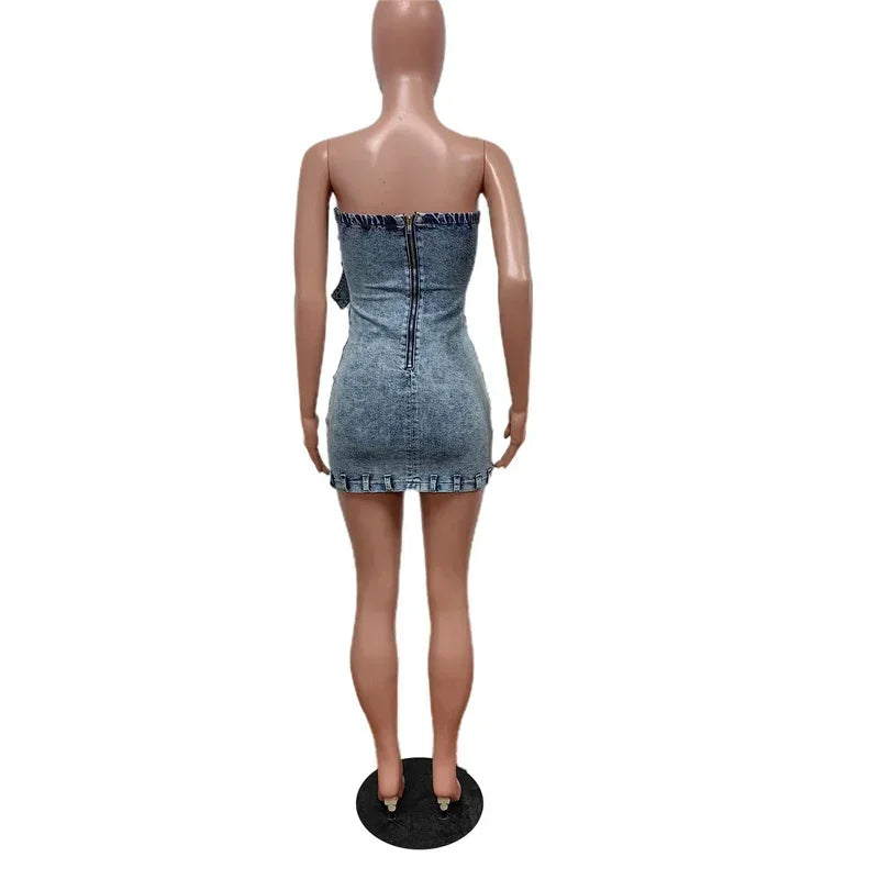 Denim Light Blue Washed Faded  Sleeveless Tube Top Design Cargo Pocketed Streetwear Mini Jean Dress