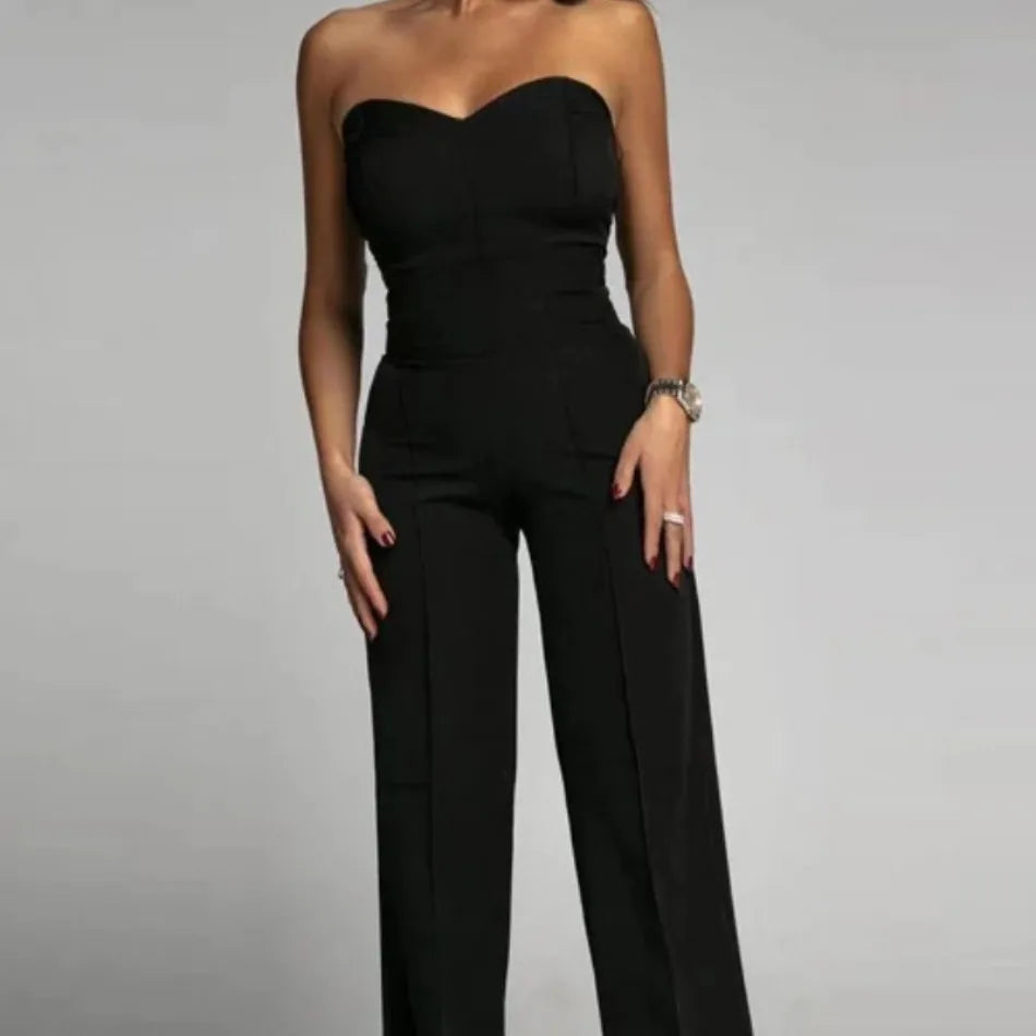 Sleeveless Strapless Solid Color Straight Women's Formal Party Tube Jumpsuit