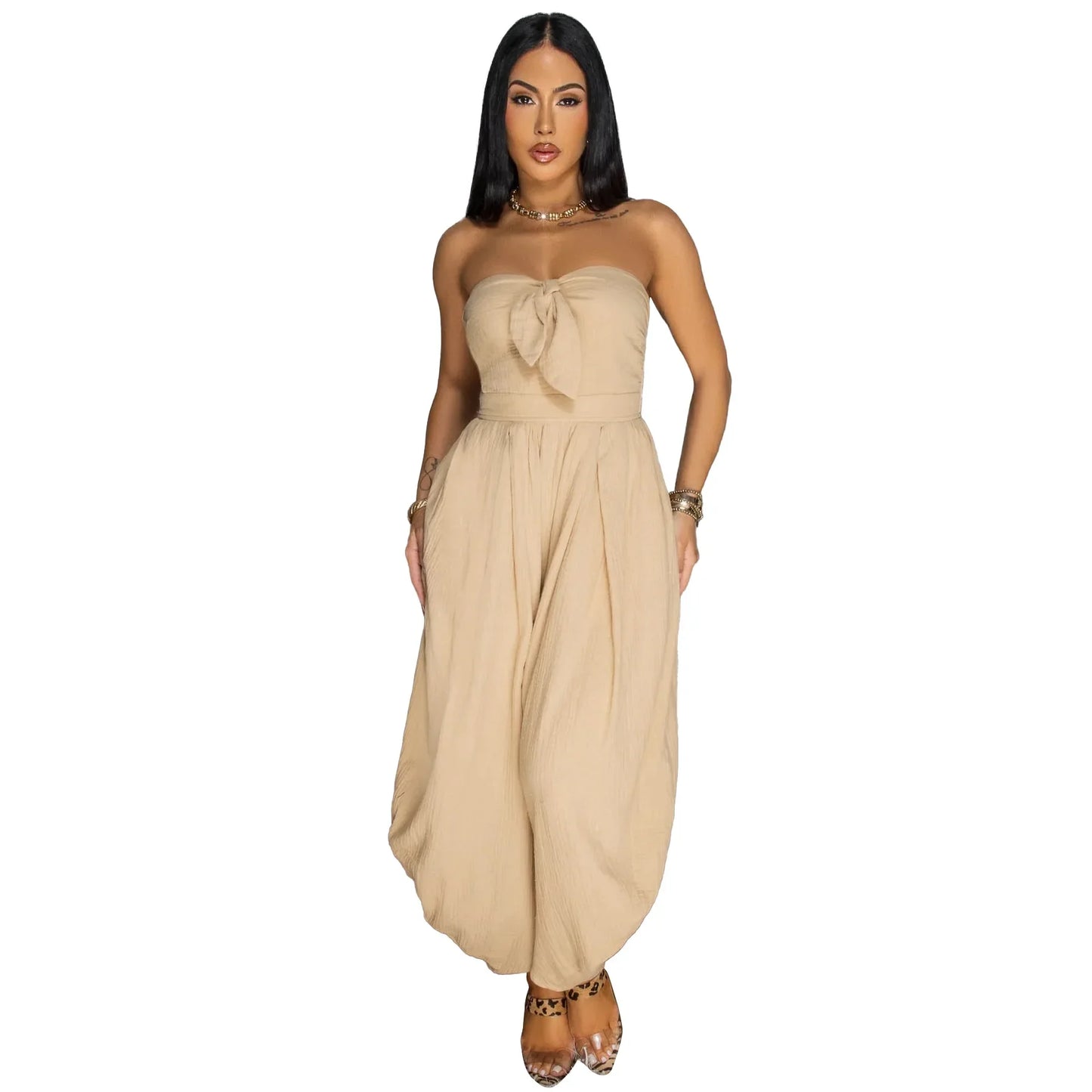 Sleeveless Bowknot Design Solid Color Baggy Tube Top Women's Jumpsuit