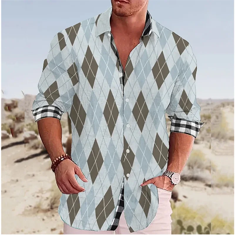 Men's Argyle Plaid/Houndstooth/Gradient Colorblock 3D Print Single Breasted Long Sleeve Stretch Fabric Button-Up Dress Shirt