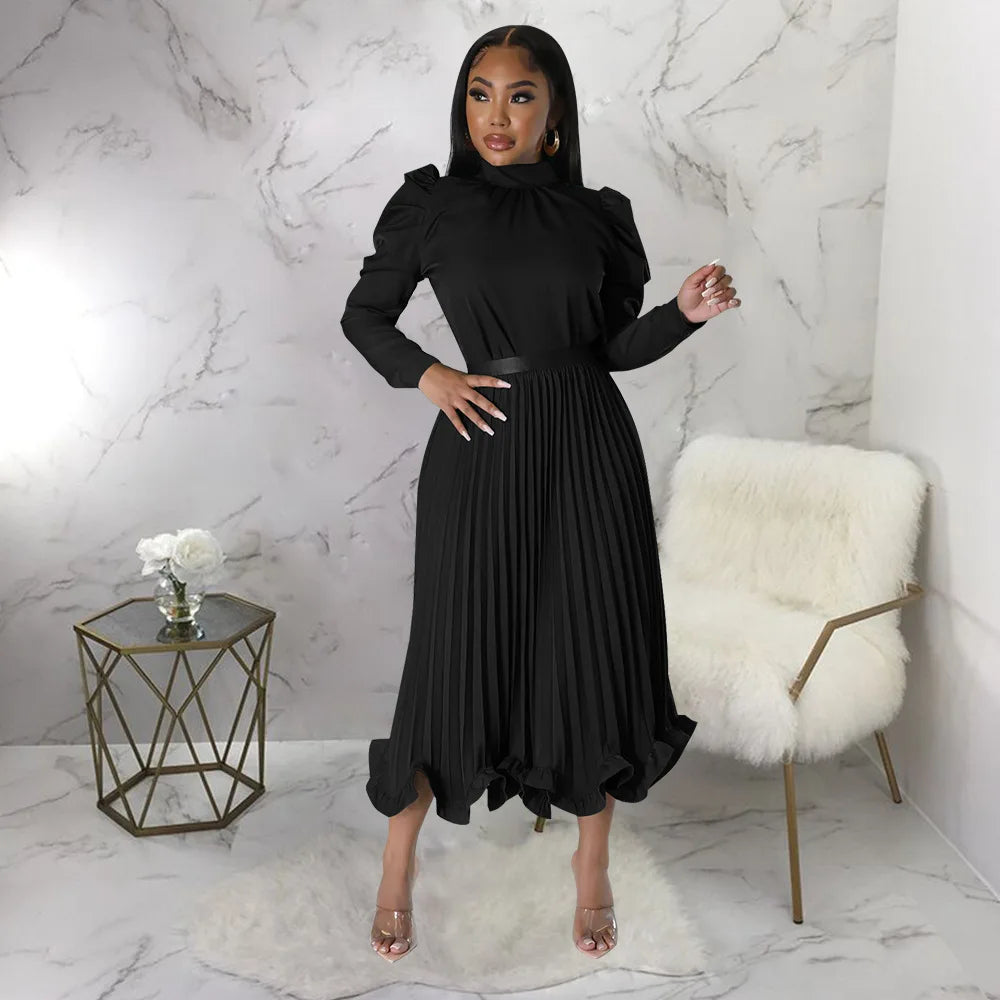 Women’s Solid Color O-Neck Lantern Sleeve Blouse + A-Line Flounce Formal Pleated Maxi Skirt w/ Sash Belt 2-Piece Set