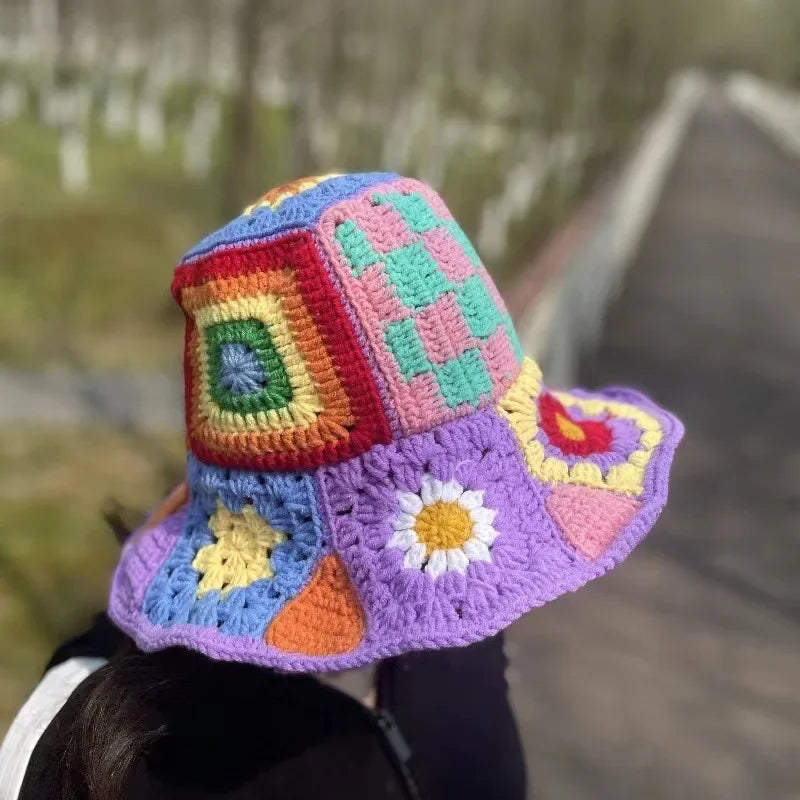 Handmade Knitted Crochet Large Brim Patchwork Flower Design Yarn Hook Needle Fisherman's Bucket Hat