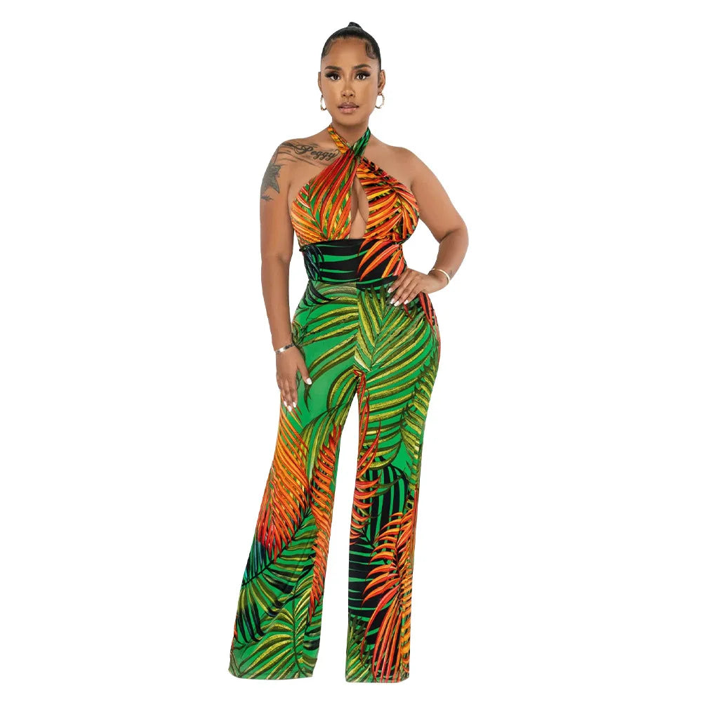 Tropical Print Hollow-Out Halter Strap Backless Sleeveless Jumpsuit