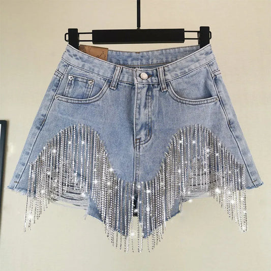 Silver Diamond Metallic Ripped Tassel Denim Jean Shorts