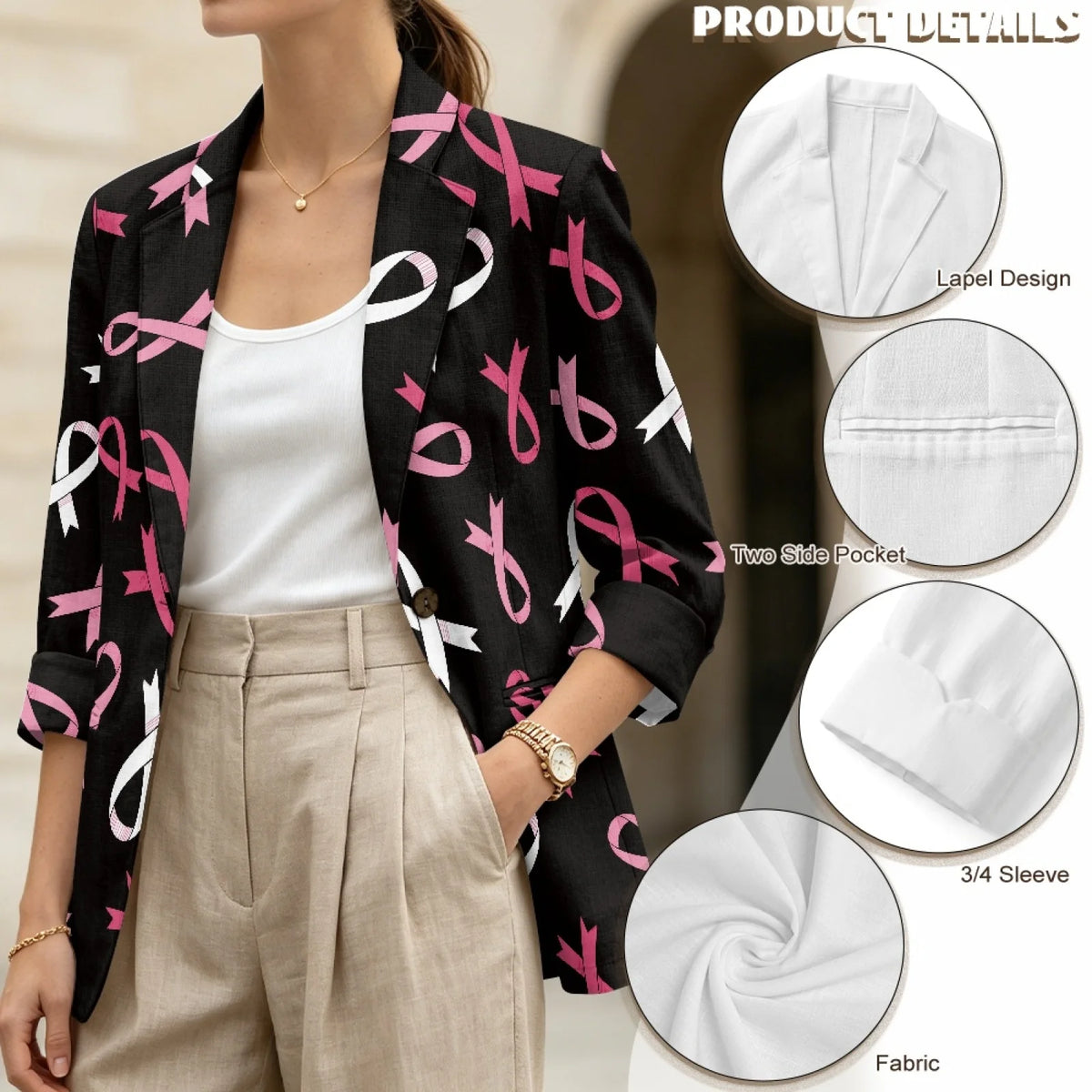 Breast Cancer Ribbon Print Linen Women's Open Front Blazer Jacket to 3X Plus Size