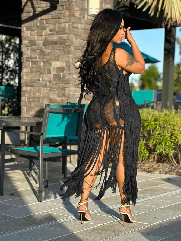 Crochet Knitted Ribbed Hollow-Out Tassel Fringe Hem Sleeveless Beach Maxi Swimsuit Cover-Up Dress