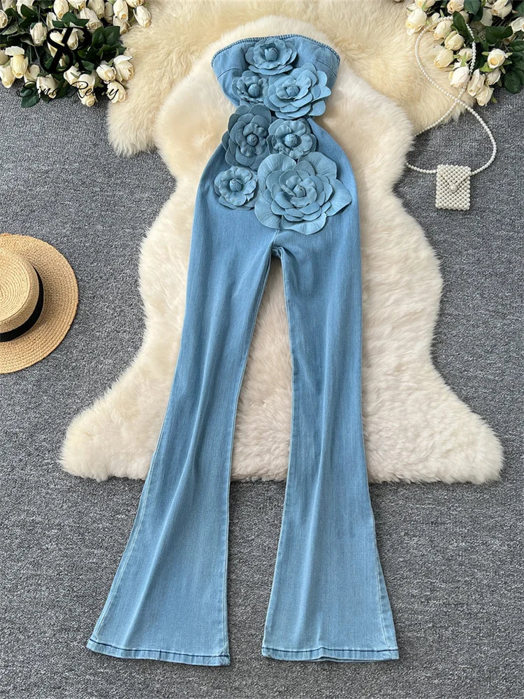 Baby Blue Sleeveless Denim 3D Big Flower Embroidered Tube Streetwear Jean Jumpsuit