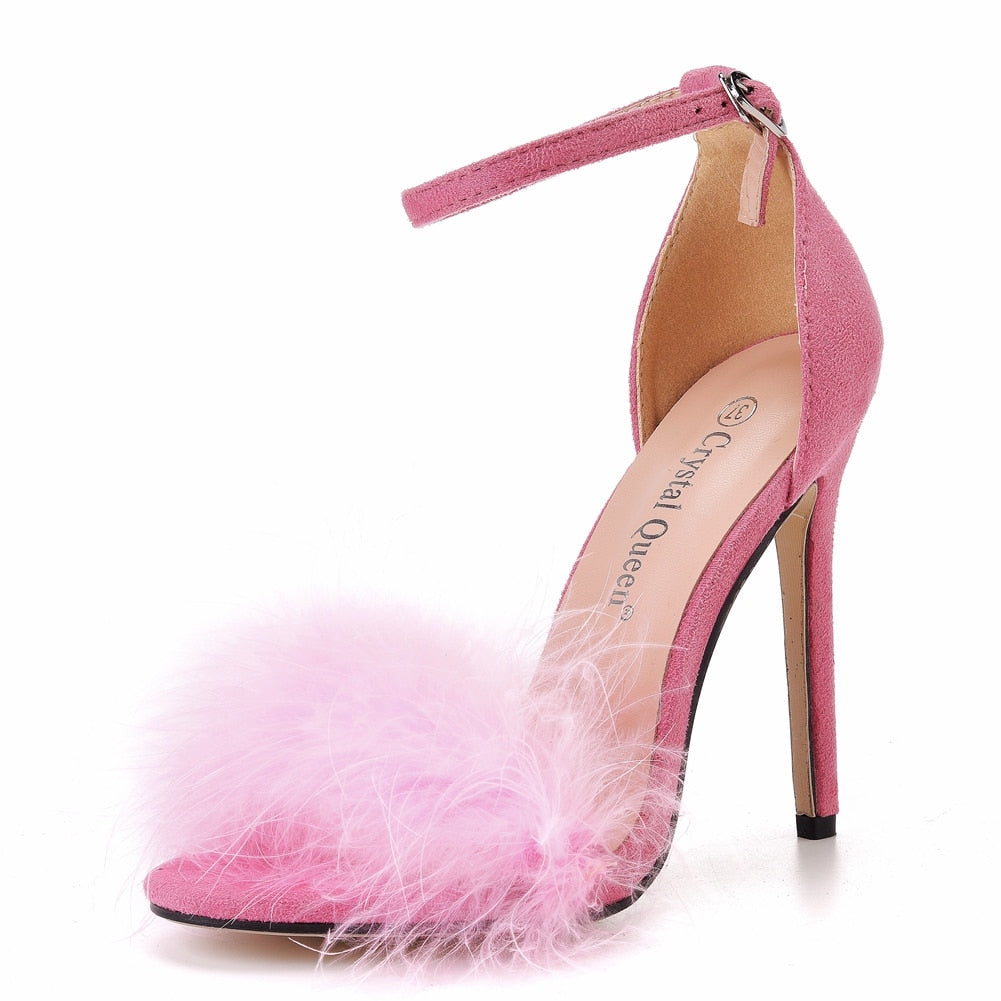 Furry Peep Toe Stiletto Ankle Strap Sandals