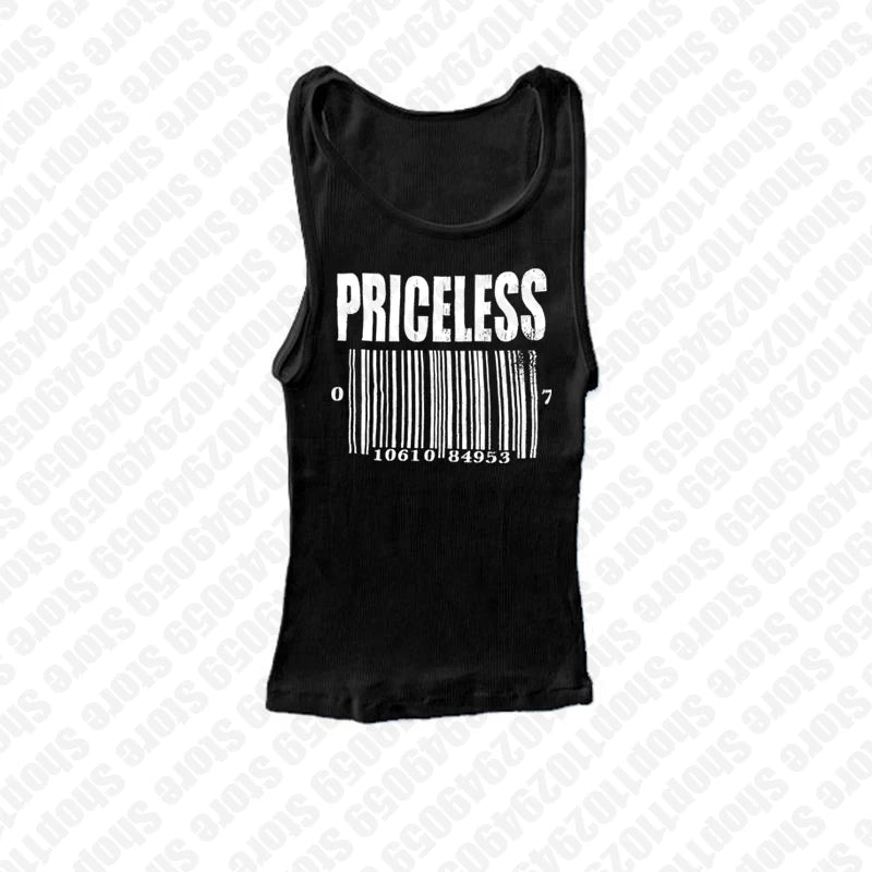 Vintage Black 3D Barcode "Priceless"Letter Print Short Sleeve Women's T-Shirt/Crop Top