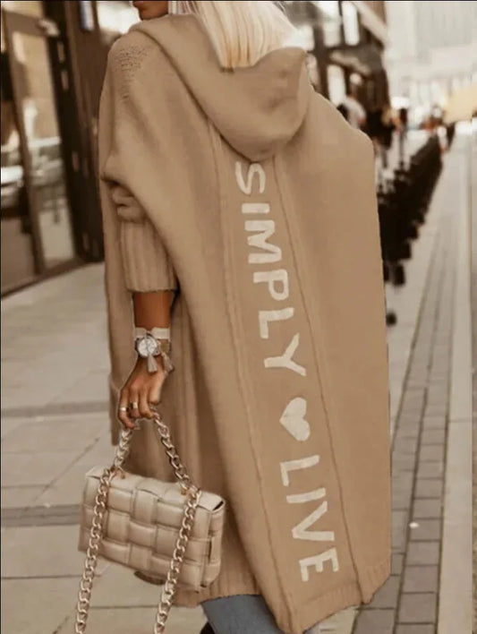 "Simply Live" Letter Heart Longline Hooded  Long Knitted Maxi Cardigan Sweater