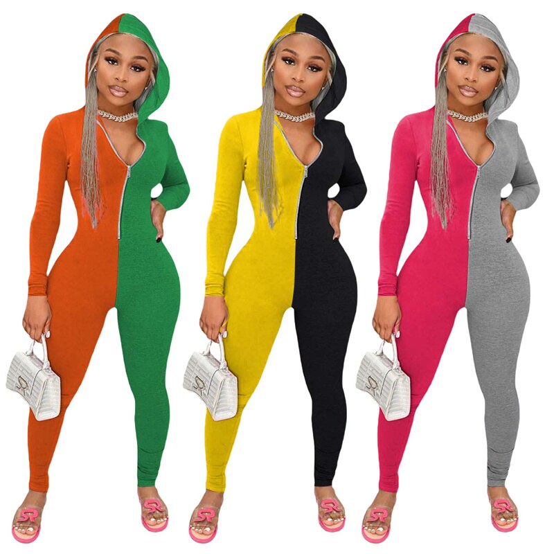 Color Block Patchwork Long Sleeve Zipper Hooded Jumpsuit