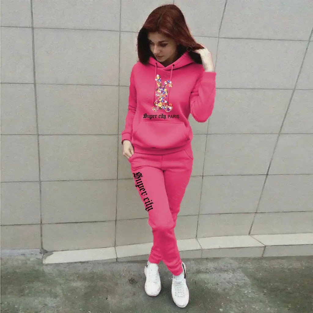 Hip-Hop Rainbow Bunny Rabbit Print Long Sleeve Hoodie Sweatshirt + Women's Jogger Sweatpants Tracksuit to 3X Plus Size
