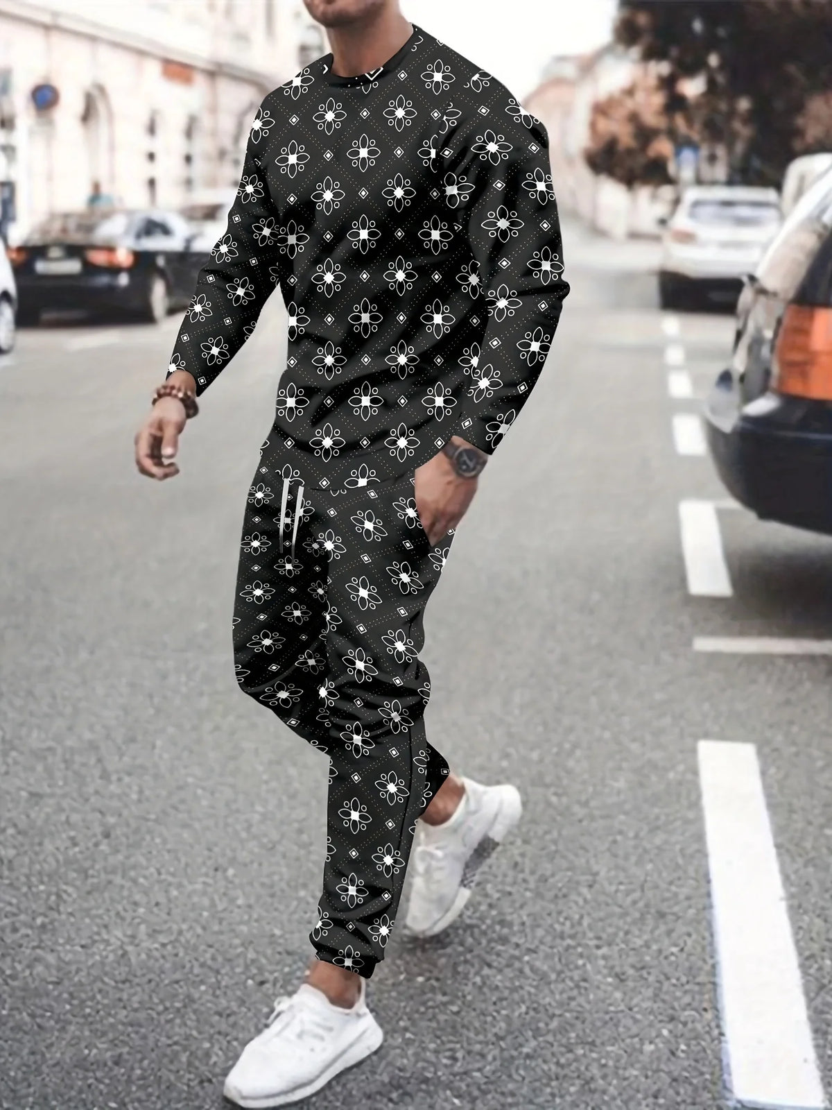 Men's Hip-Hop Rainbow/Gradient/Colorblock/Plaid Checker Print Long Sleeve T-Shirt + Pants Sportswear 2-Piece Set