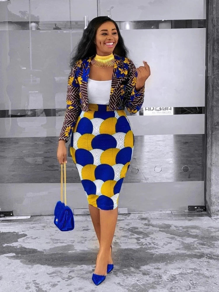 Women's Blue/Yellow/White Blazer + Midi Skirt Suit