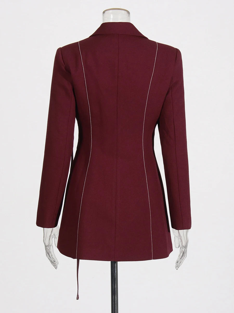 Burgundy Irregular Notched Collar Double Strap Design Blazer Jacket + High Waist Straight Pants Women's Formal Suit