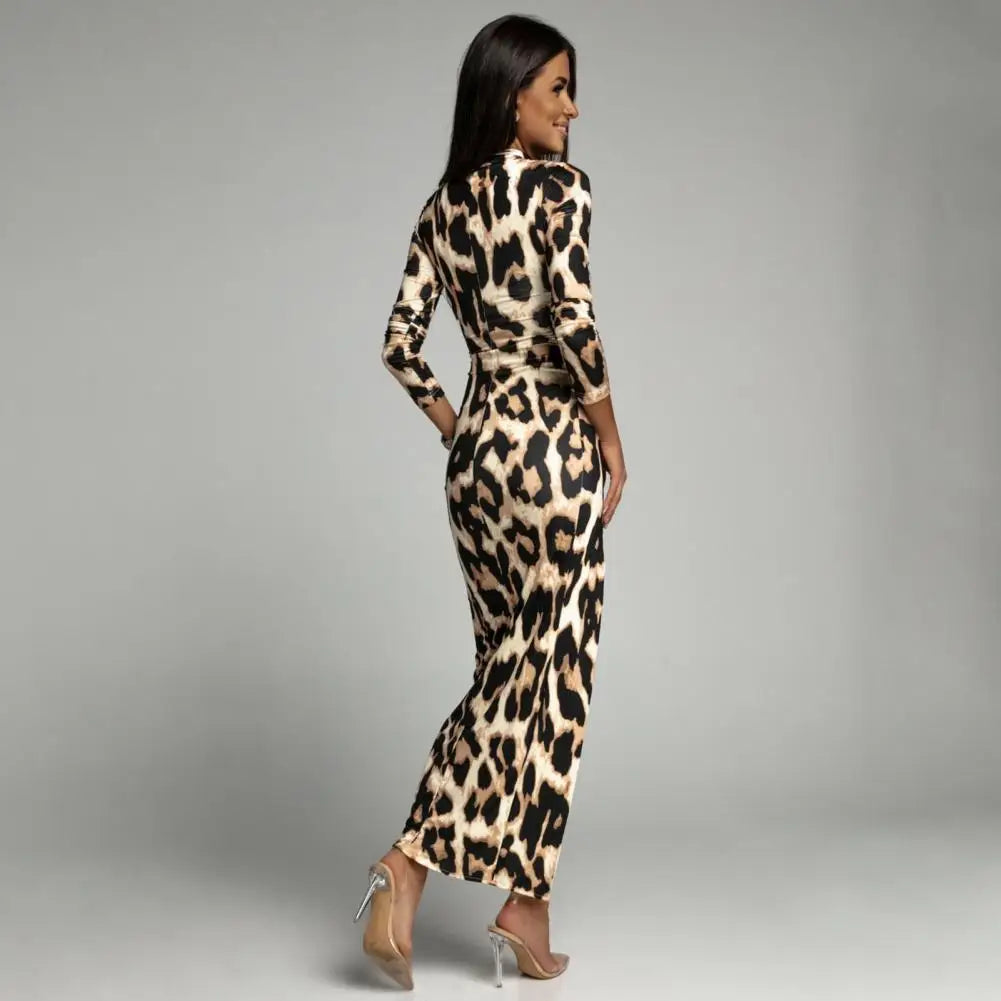 Solid/Leopard/Zebra Print Turtleneck Long Sleeve High Slit Bodycon Maxi Dress