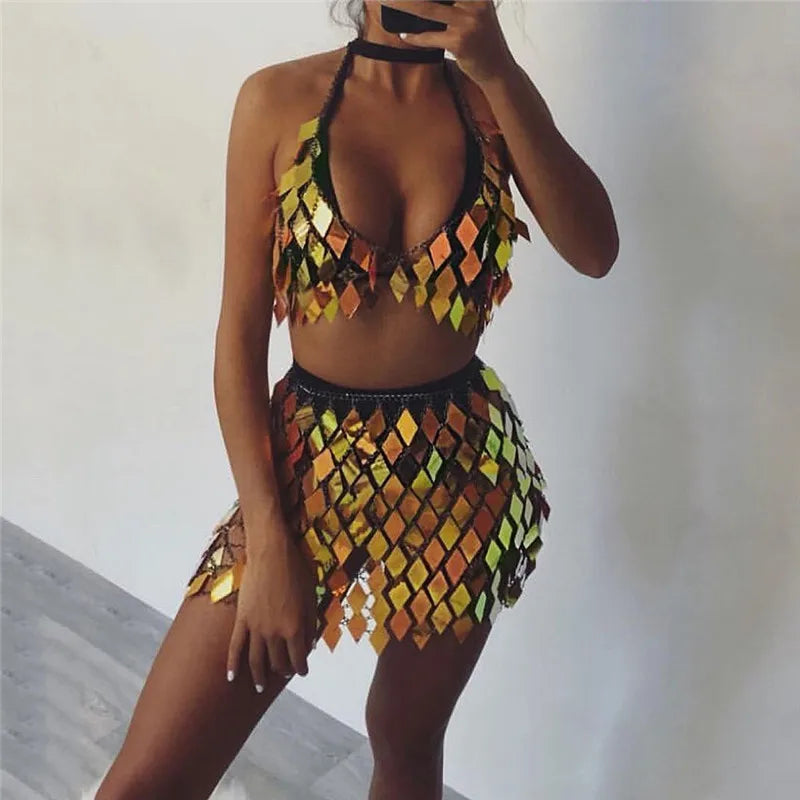 Metallic Sequined Geometric  Bikini Crop Top + Mini Skirt Handcrafted Party Women's 2-Piece Set