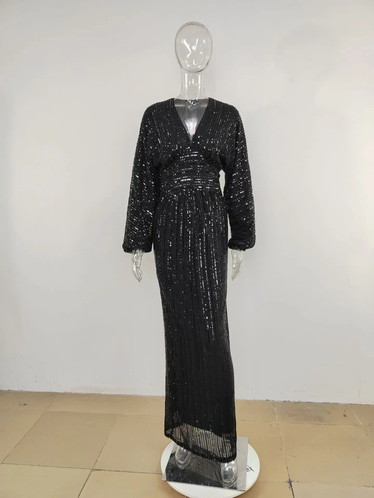 Sequined Glitter Shiny Long Sleeve Deep V-Neck Formal Maxi Dress