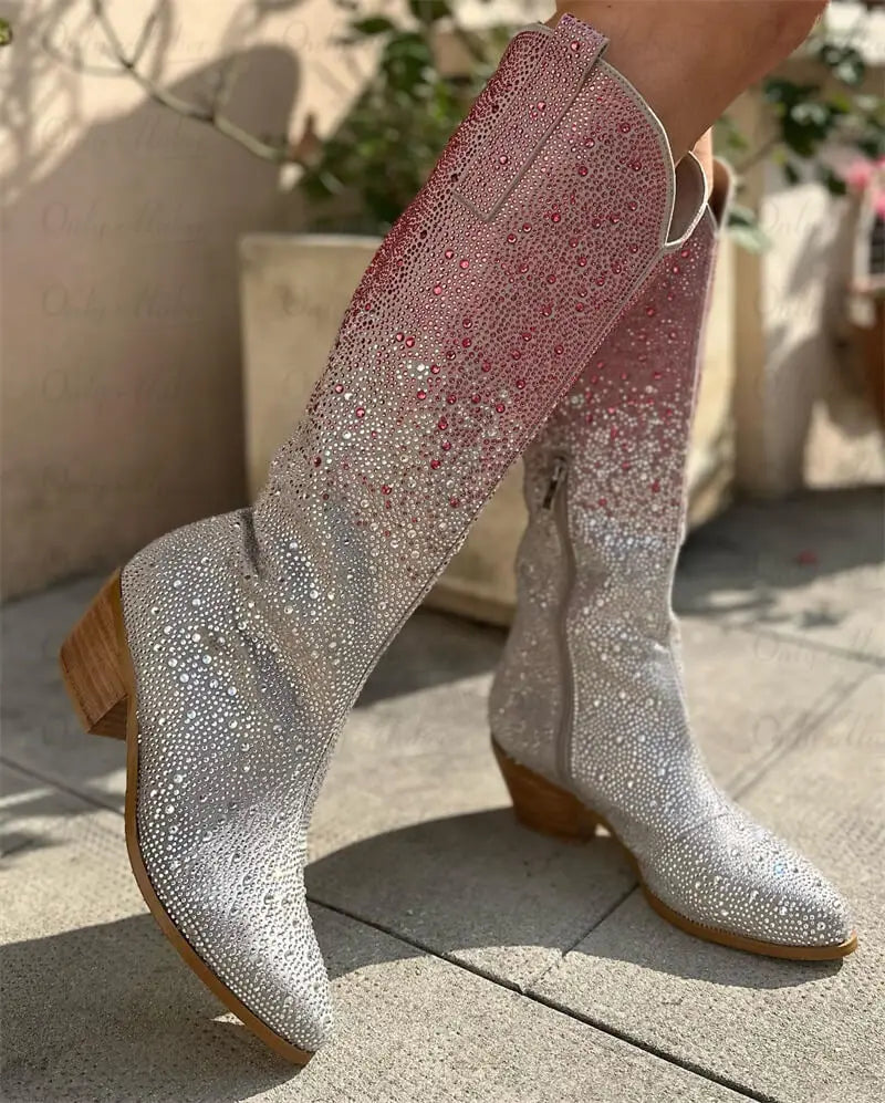 Rhinestone Silver/Hot Pink Gradient Glitter Ombre Pointed Toe Knee-High Western Cowgirl Block Heel Boots