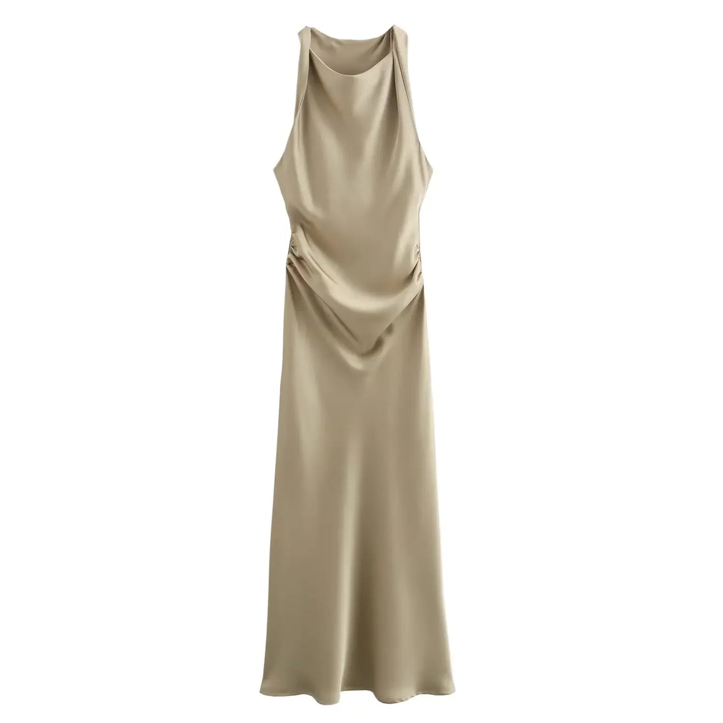 Satin Ruched Pleated Solid Color Sleeveless O-Neck Long Dress