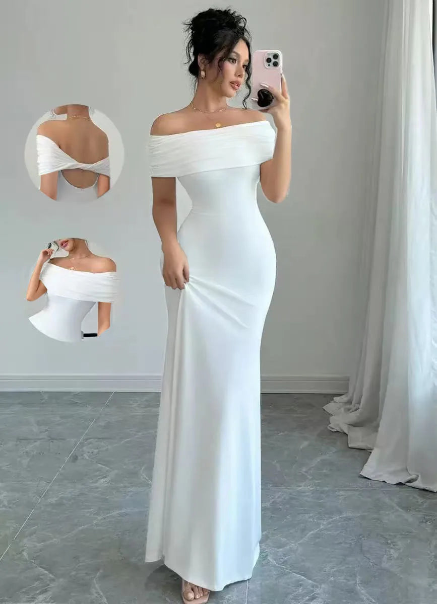 Off-the-Shoulder Solid Color Sleeveless Bodycon Bandage Maxi Fishtail Dress