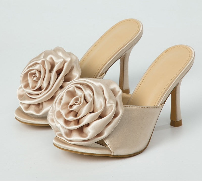 Oversized Silk Rose Design Peep Toe Slip-On Mule High Heel Sandal Pumps