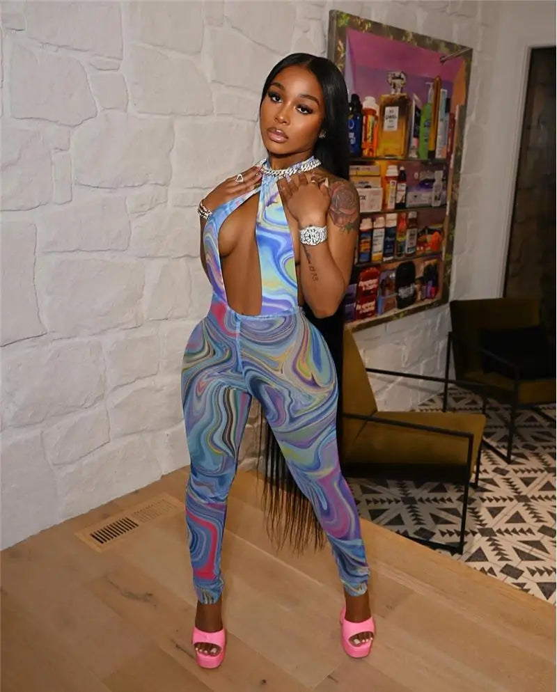 Swirl Print Mesh Sheer Transparent Sleeveless Women's Sexy Hollow-Out Backless Skin Tight Jumpsuit