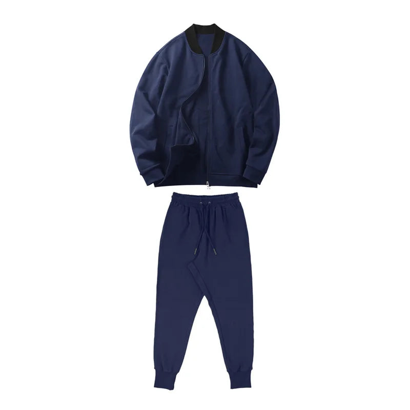 Men's O-Neck Colorblock Bomber Sweat Jacket + Drawstring Jogger Sweatpants Tracksuit