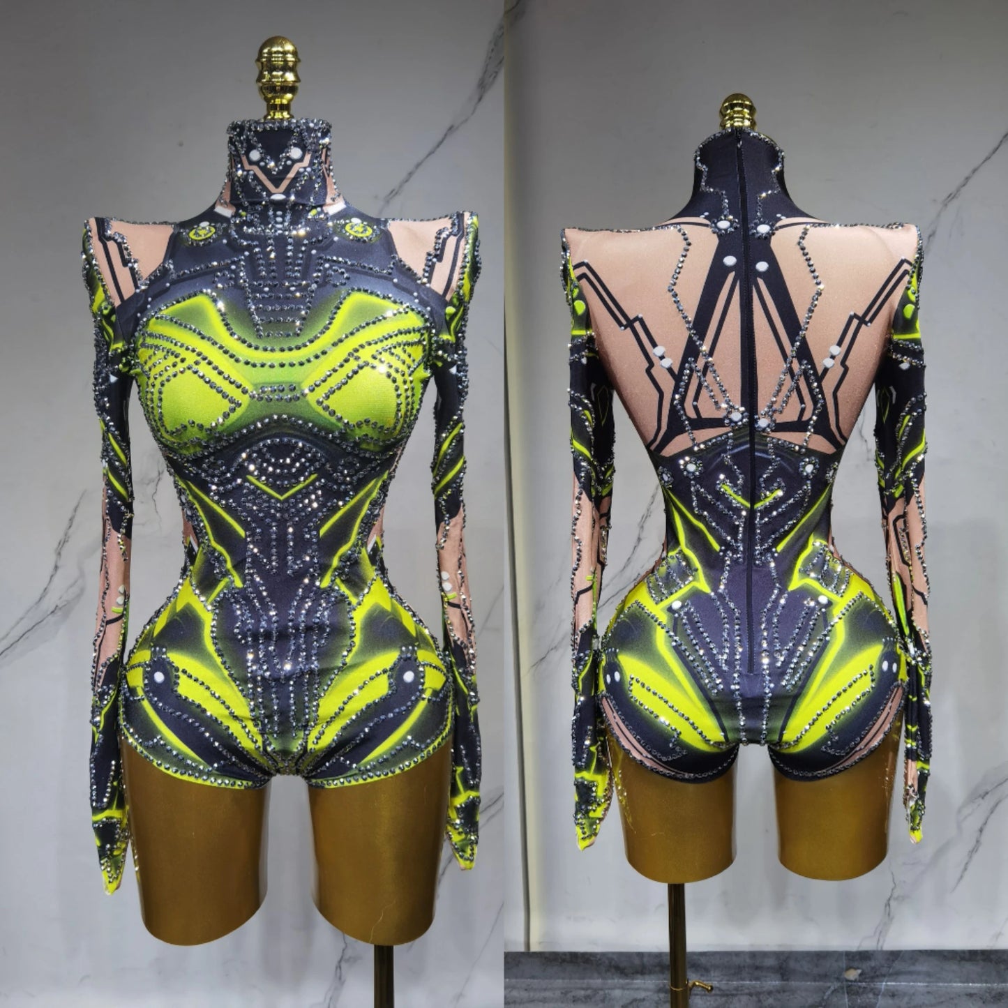 Sparkling Rhinestone Hollow-Out Long Sleeve Stage Formal Stage Performance Skin Tight Bodysuit