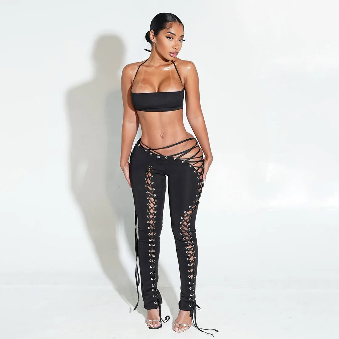 Sexy Women's Sleeveless Crop Tank Top + Criss-Cross Lace-Up Hollow-Out Bandage Leggings 2-Piece Set