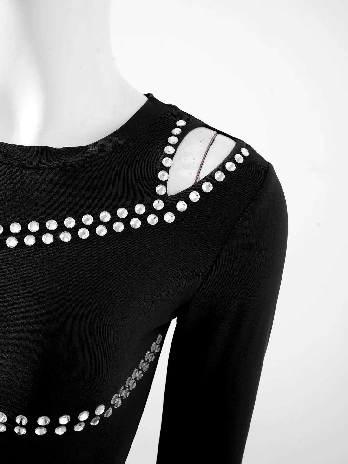 Sparkling Rhinestone Skinny Ladies Solid Round Neck Long Sleeve Bodycon Dress