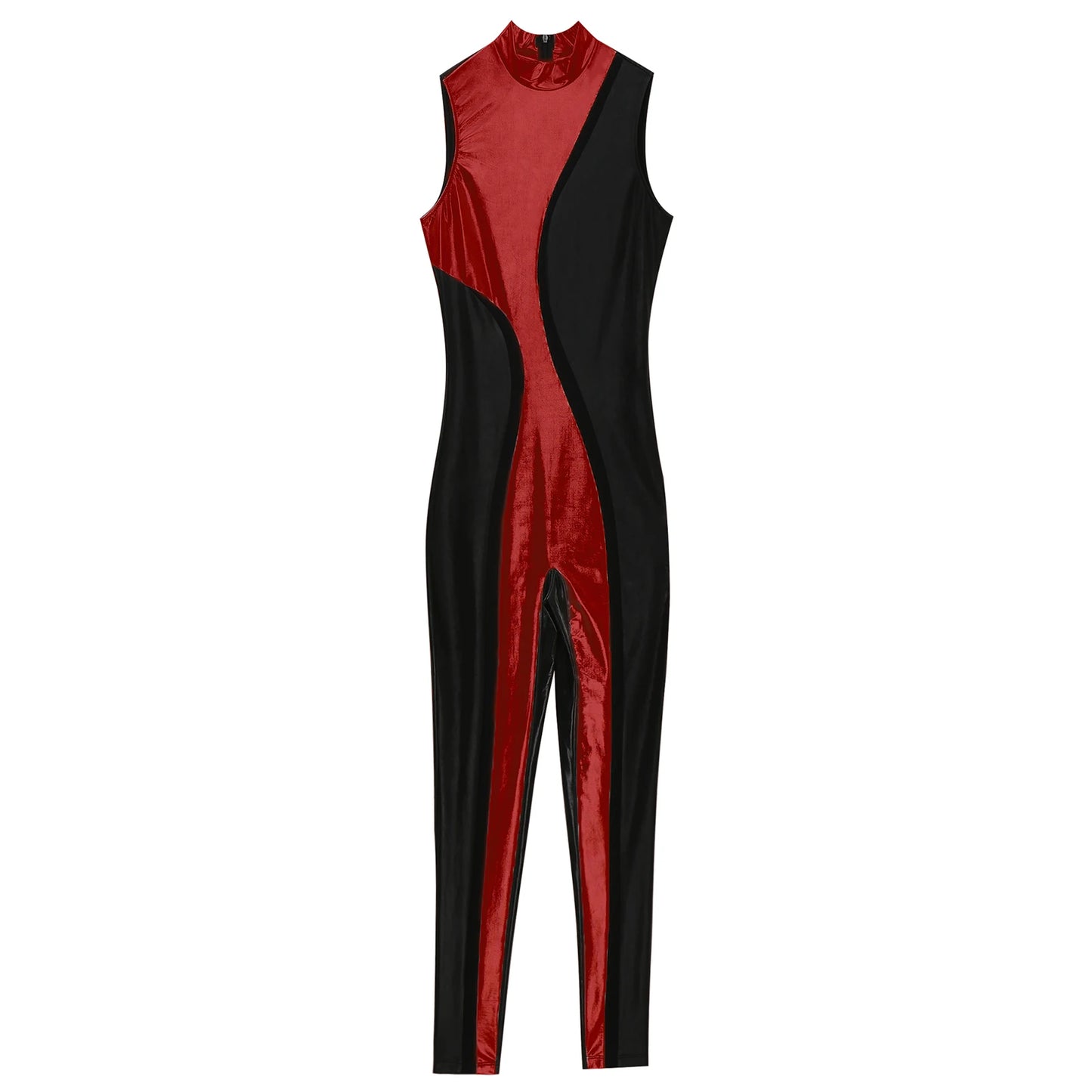 Metallic Patchwork Colorblock One-Piece Mock Neck Sleeveless Leotard Jumpsuit