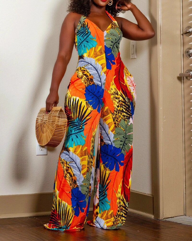 Halter Deep V-Neck Sleeveless Flower Print Wide Leg Jumpsuits