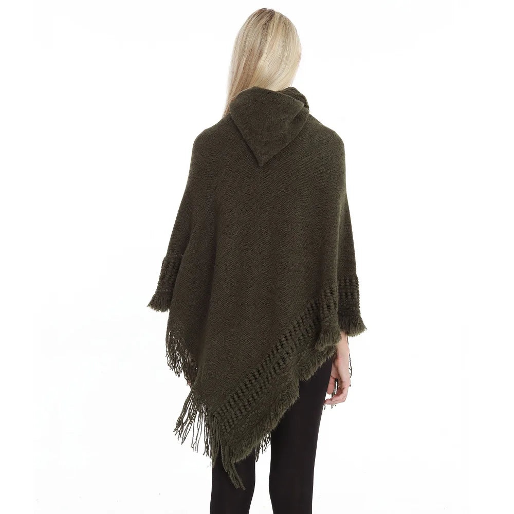 Fringe Tassel Women's Knitted Hooded Crochet Shawl Wrap Sweater