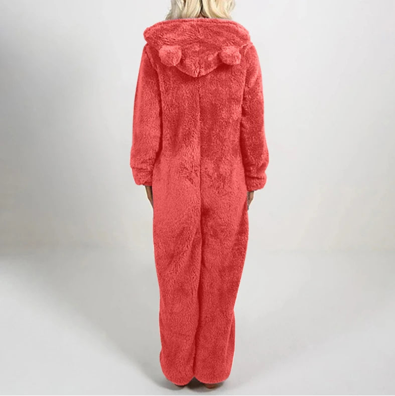 Faux Fur Fleece Women's Onesie Zipper Hoodie Teddy Jumpsuit